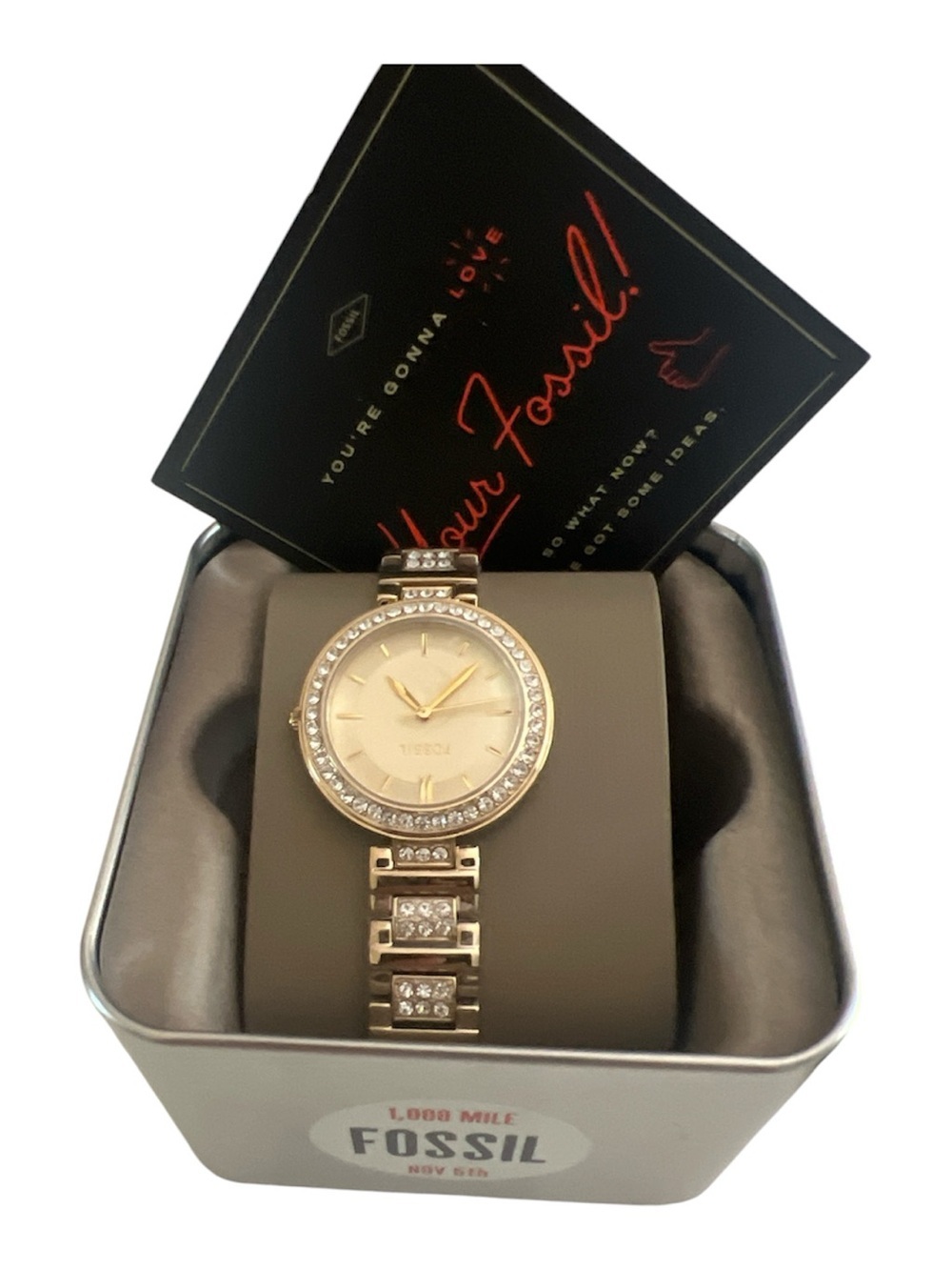 Fossil Women’s Silver Stainless Bracelet Analog Gem-Set Bezel Watch w/ Box